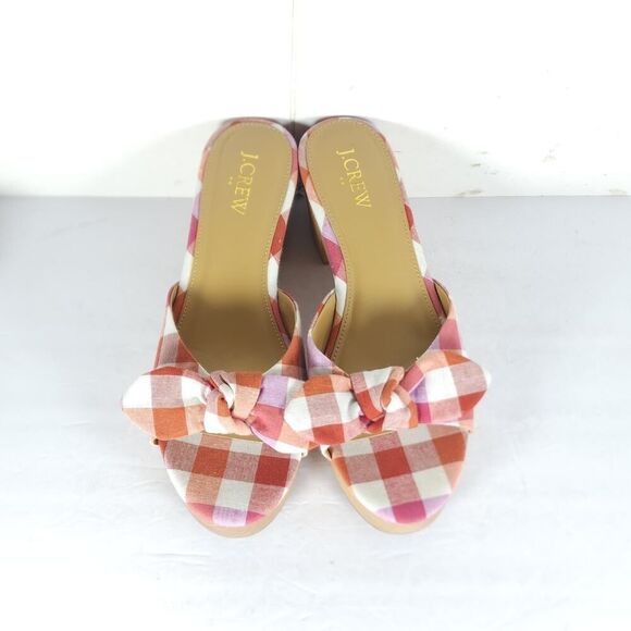 J. Crew Women's US7,5 Multicolor Plaid Printed Bow Wooden Heels Mules Sandals Nw - Picture 4 of 14